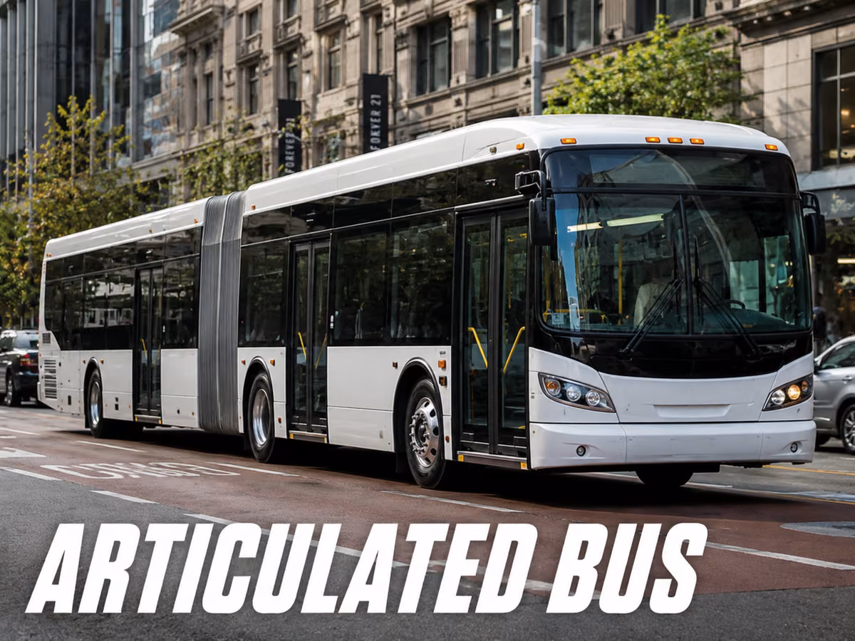 White articulated transit bus with a single accordion bellows joint between two body sections