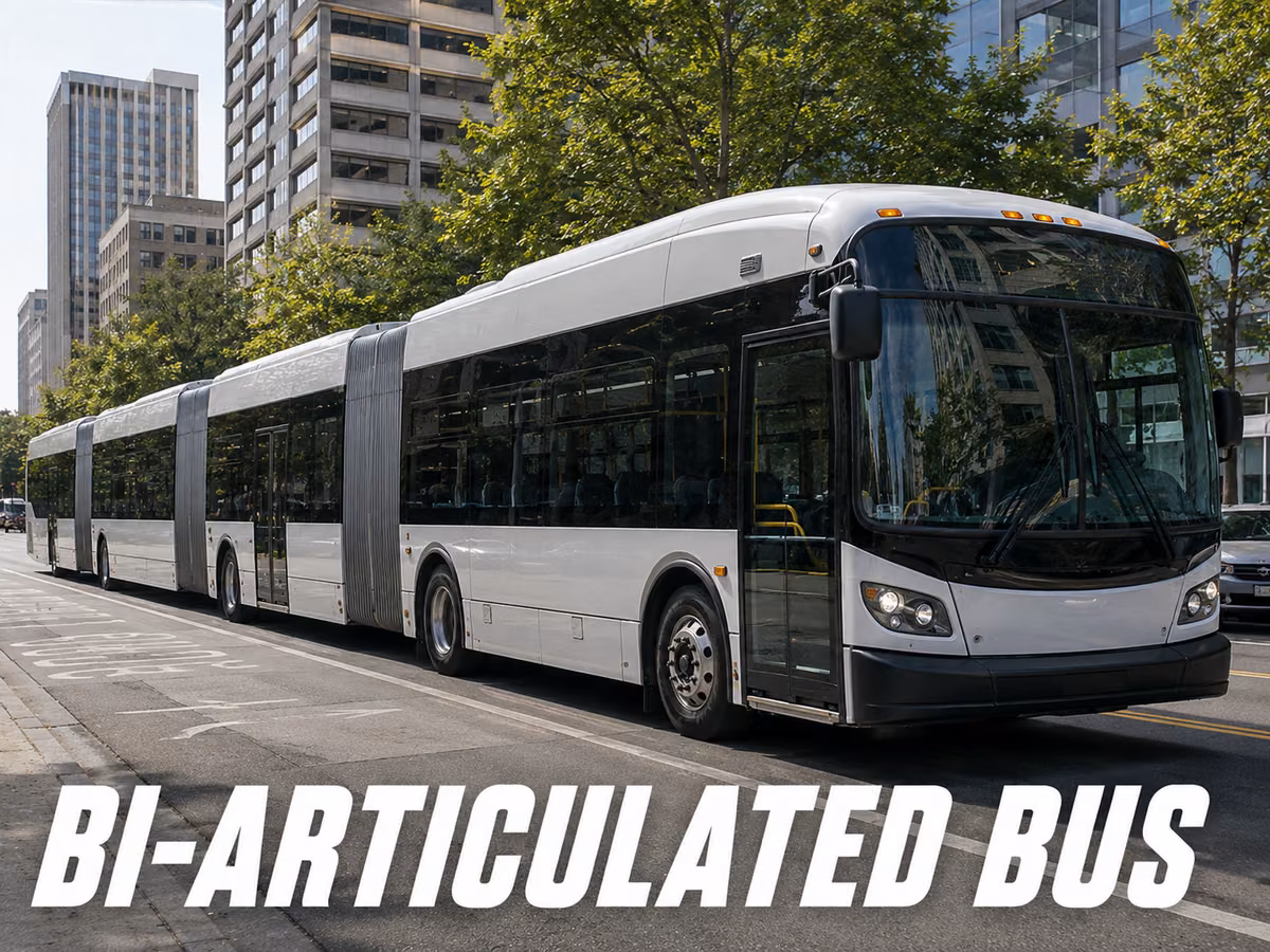 Long white bi-articulated bus with two accordion bellows joints between three body sections