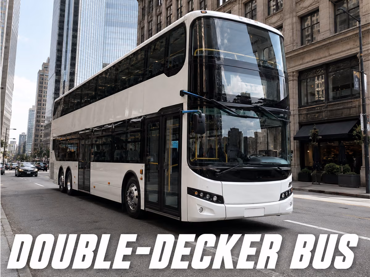 White double-decker bus with two full passenger decks on a downtown street