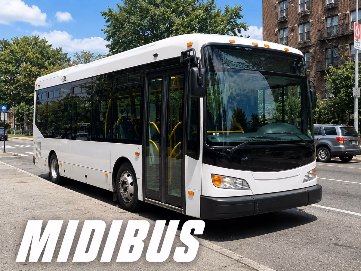 White shortened low-floor midibus on a city street