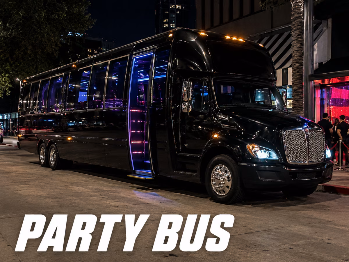 Black party bus at night with its door open showing purple and blue LED interior lighting