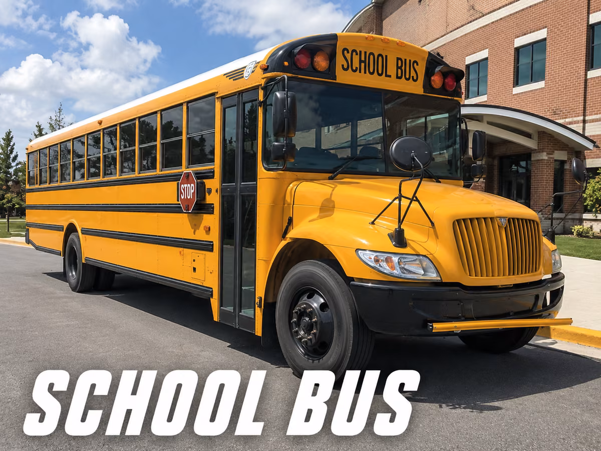 Conventional yellow school bus with a visible hood and extended stop arm