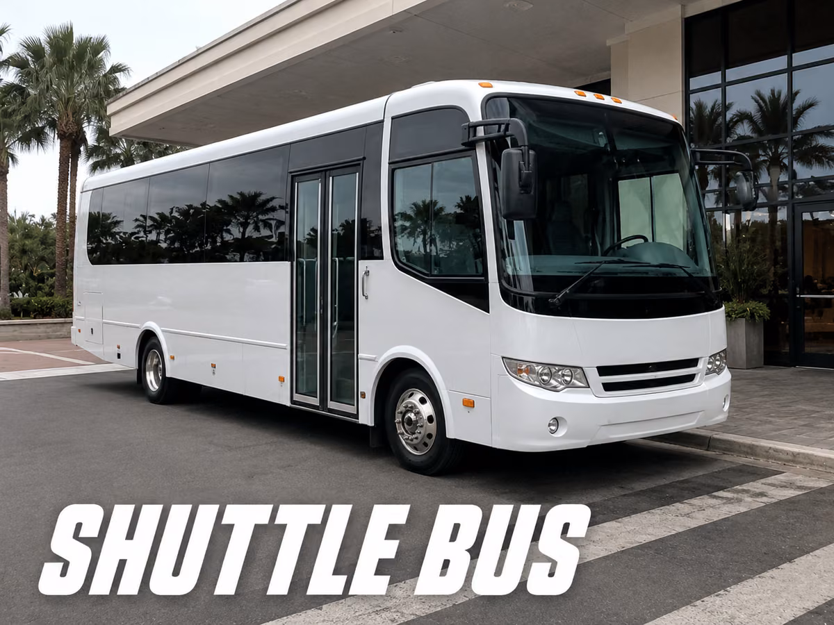 White shuttle bus parked under a hotel entrance canopy