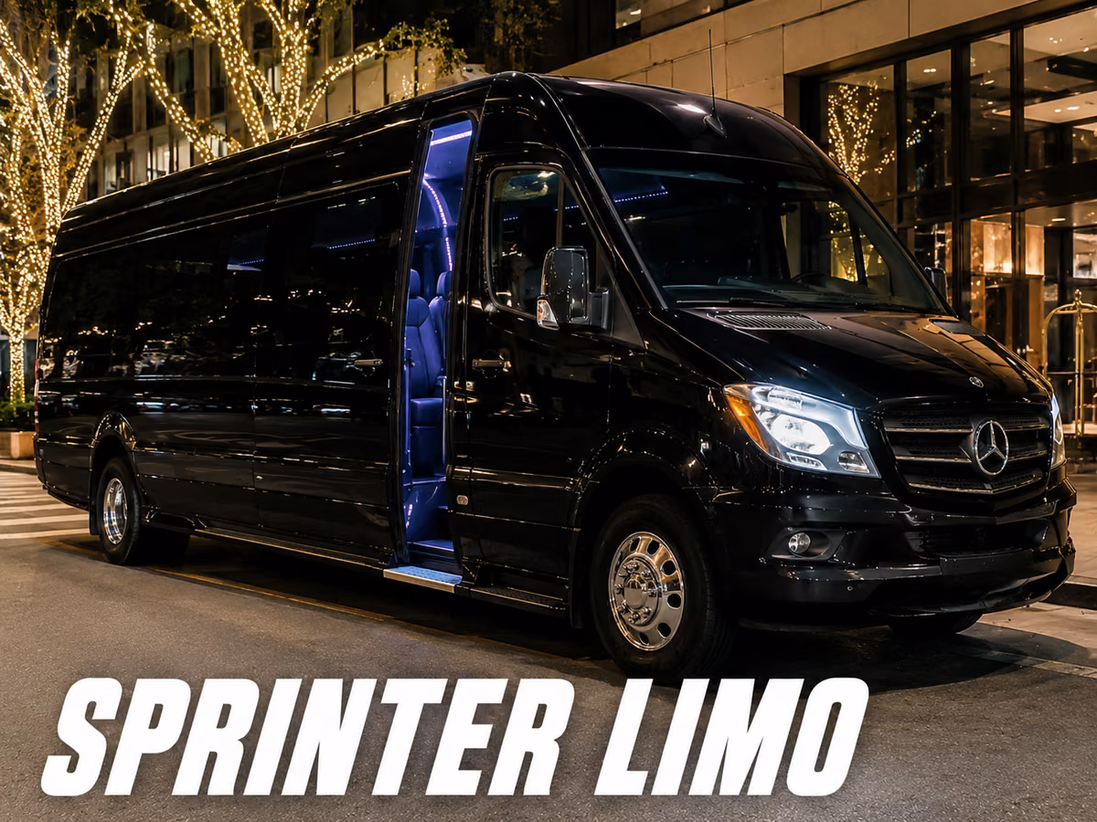 Black Sprinter limo conversion at night with the side door open showing blue LED lighting