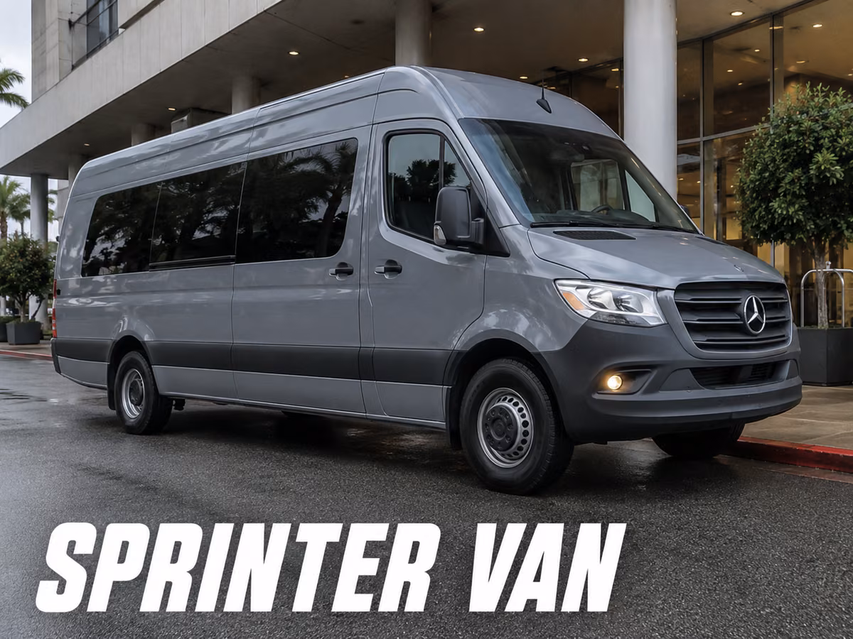 Grey high-roof Mercedes-Benz Sprinter passenger van at a hotel entrance