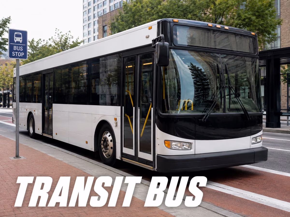 White and black 40-foot low-floor transit bus stopped at a curbside bus stop