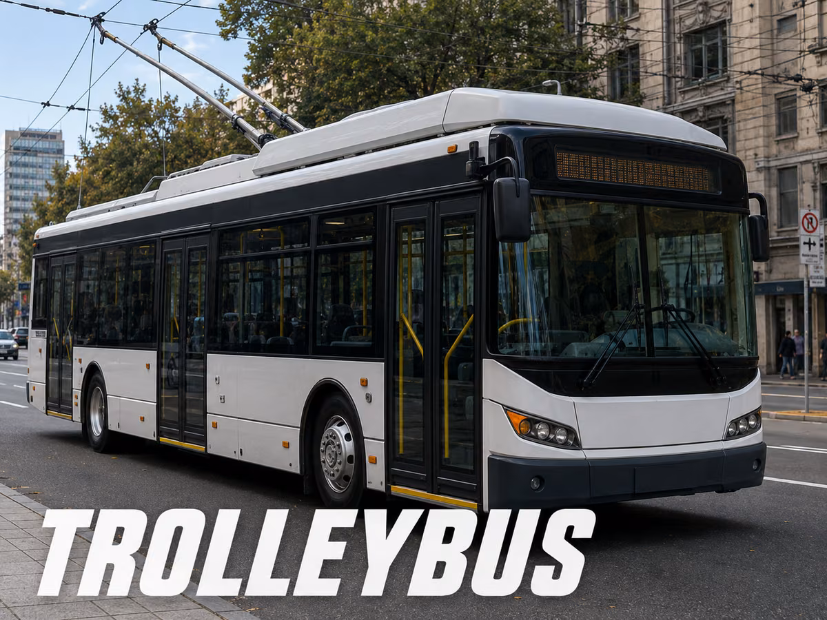 White and dark grey trolleybus drawing power from twin overhead wires through roof-mounted poles