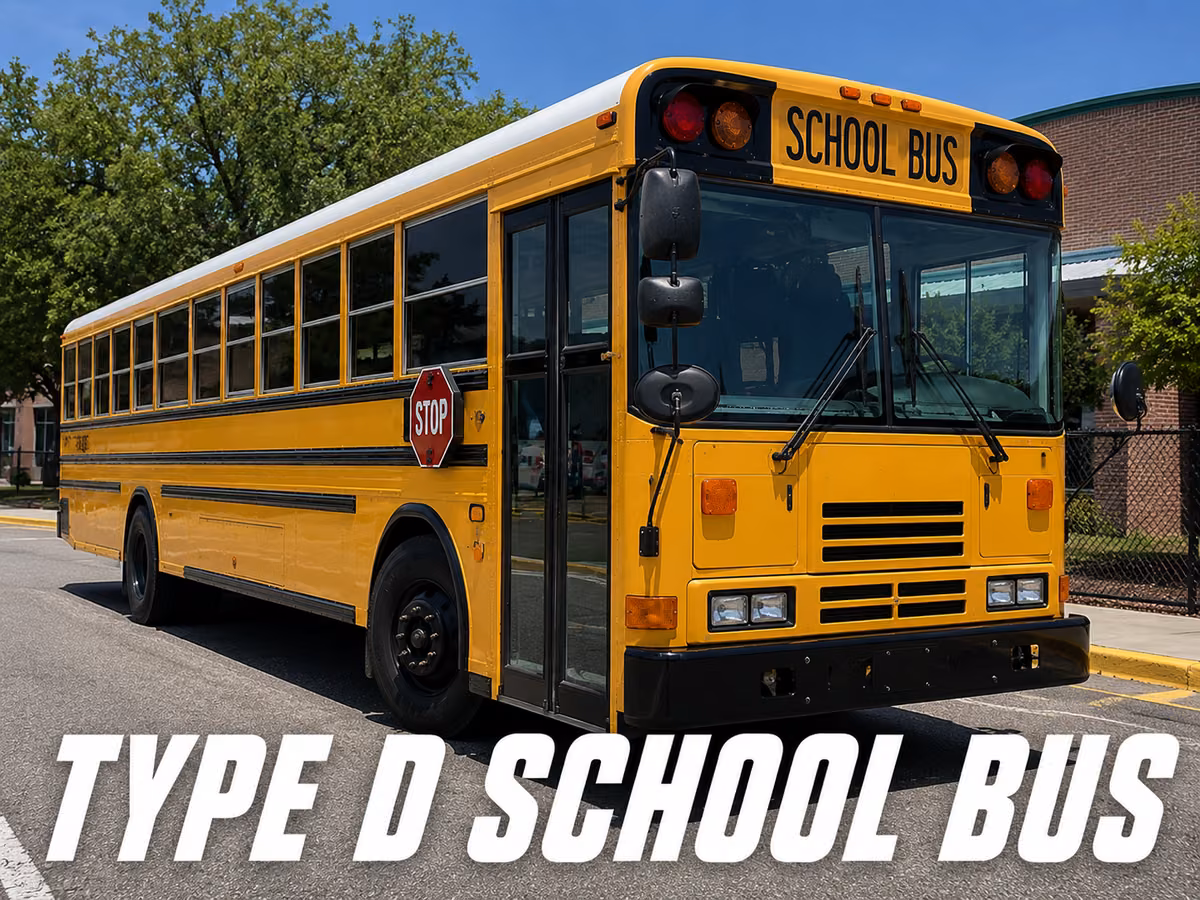 Flat-front yellow Type D school bus with the entry door ahead of the front wheels