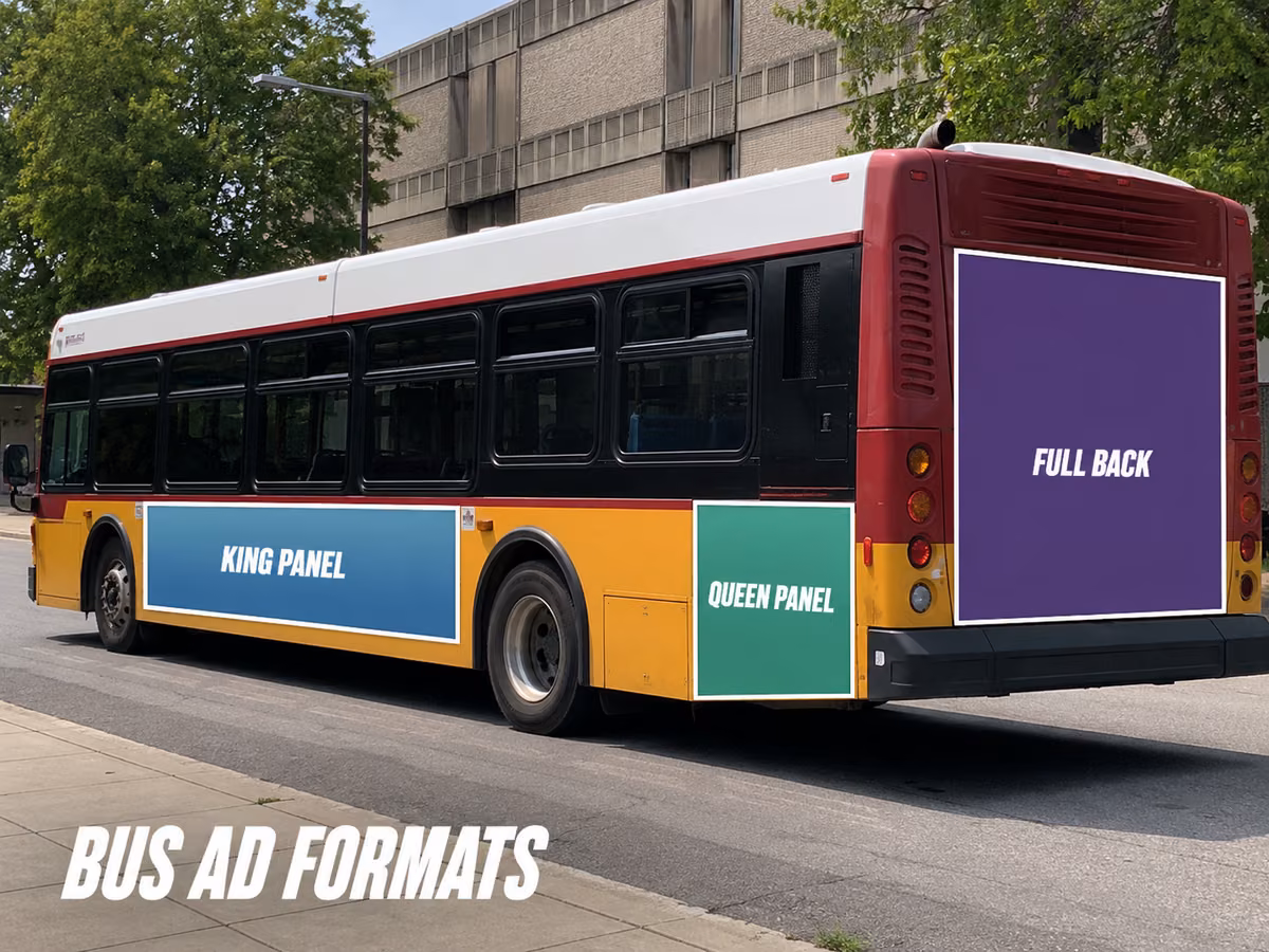 Rear and side advertising panels on a parked bus