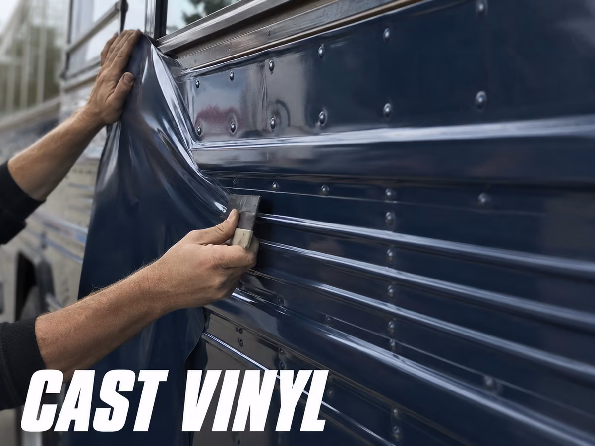 Close view of vinyl film laid over a ribbed bus body panel