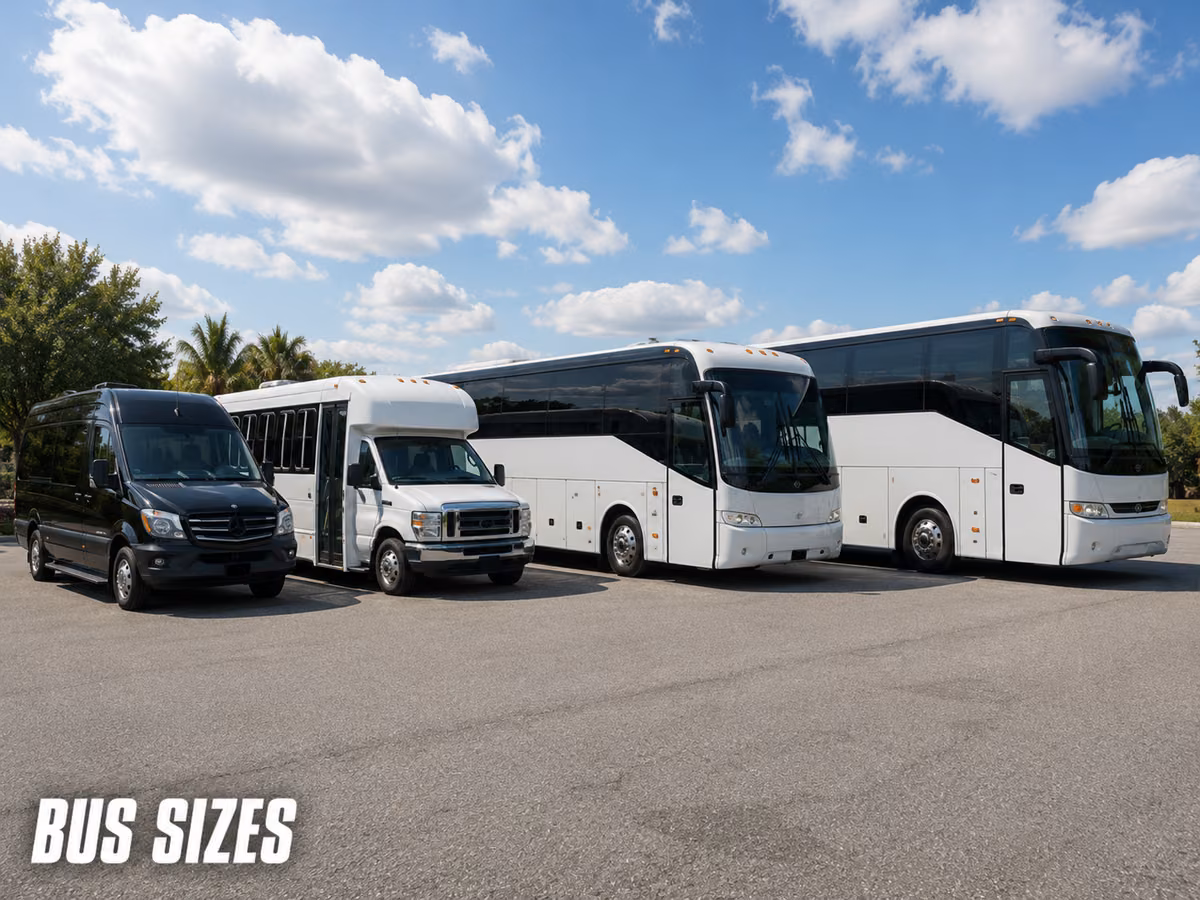 Charter bus parked on pavement seen along its full length
