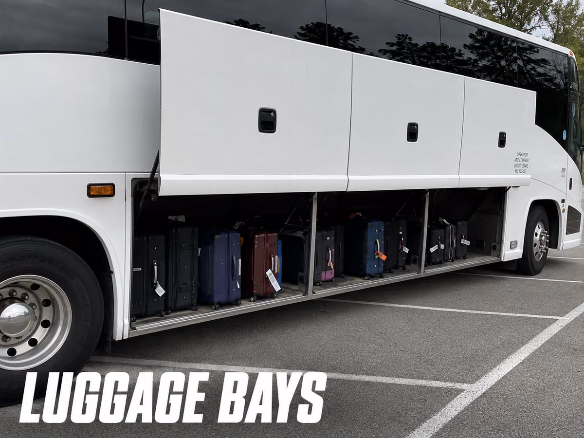 Open underfloor luggage bay doors along the side of a parked charter bus