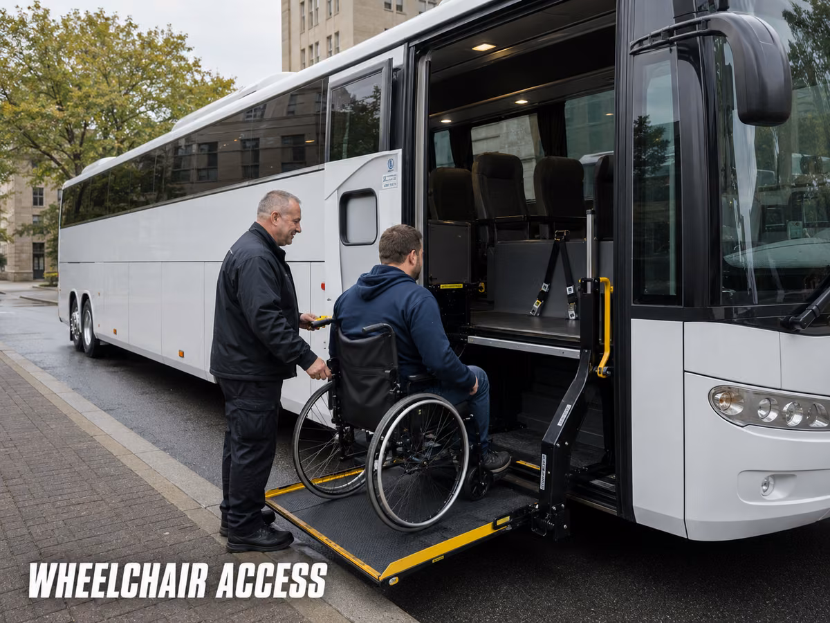 Wheelchair lift platform deployed at the side door of a coach