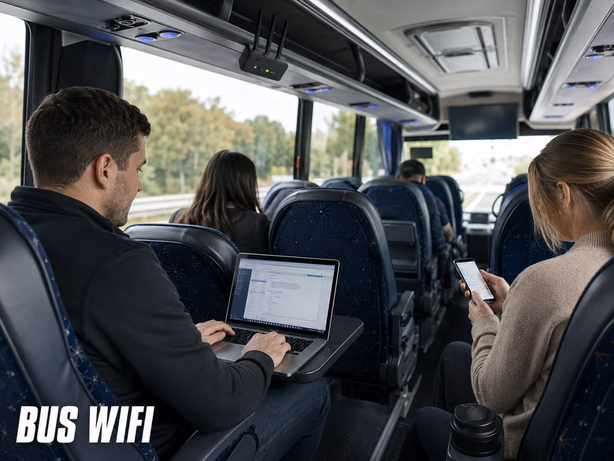 Passenger using a laptop in a charter bus seat with a coffee cup in the armrest holder