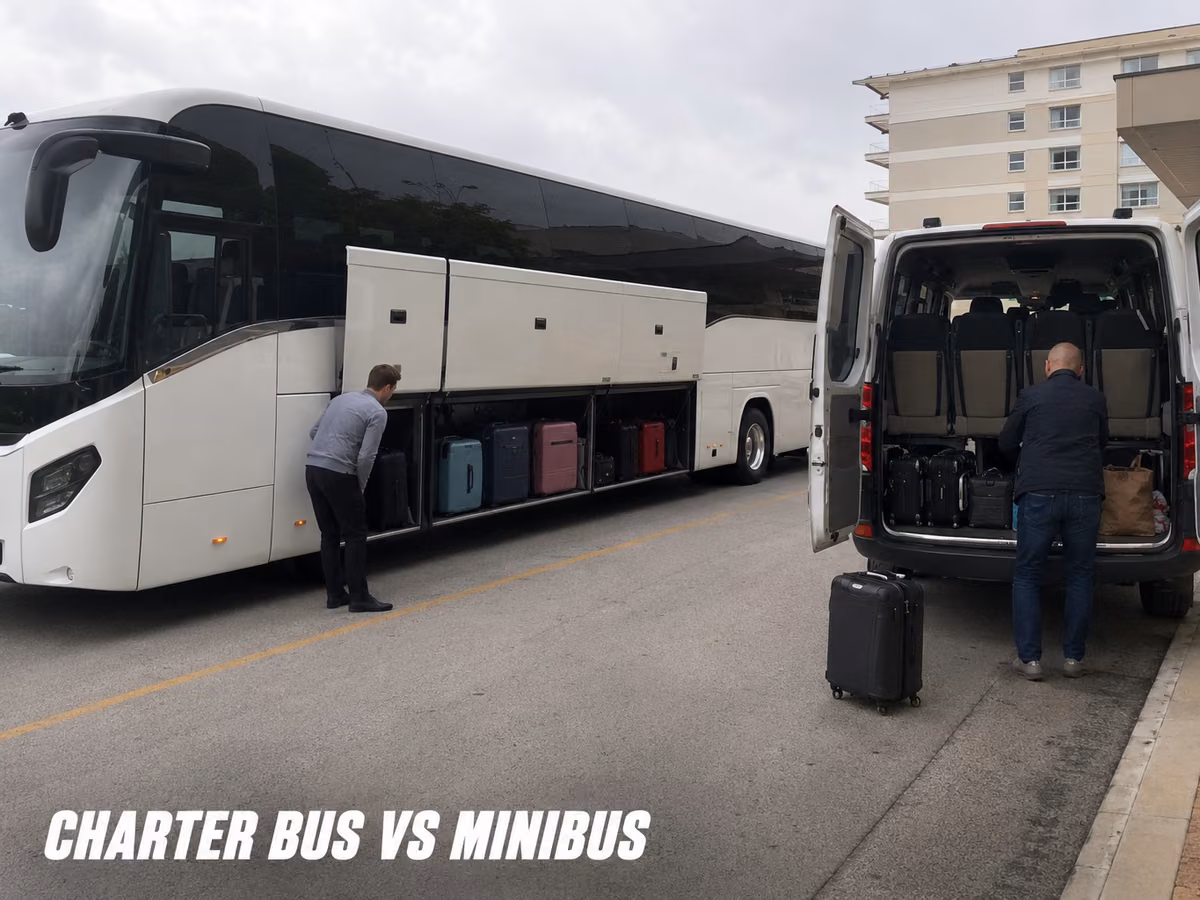 A full-size coach and a smaller bus parked nose to tail for comparison