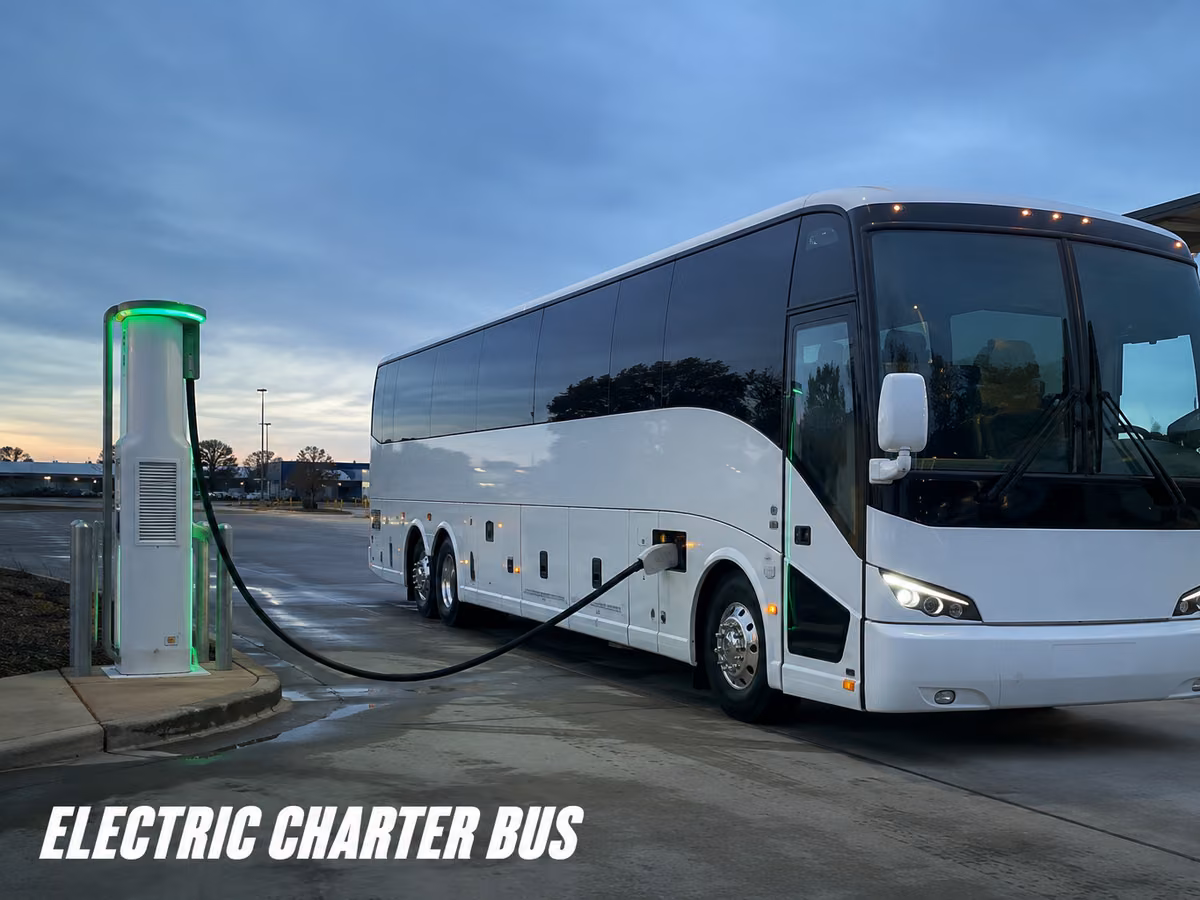Electric charter bus connected to a charging cable