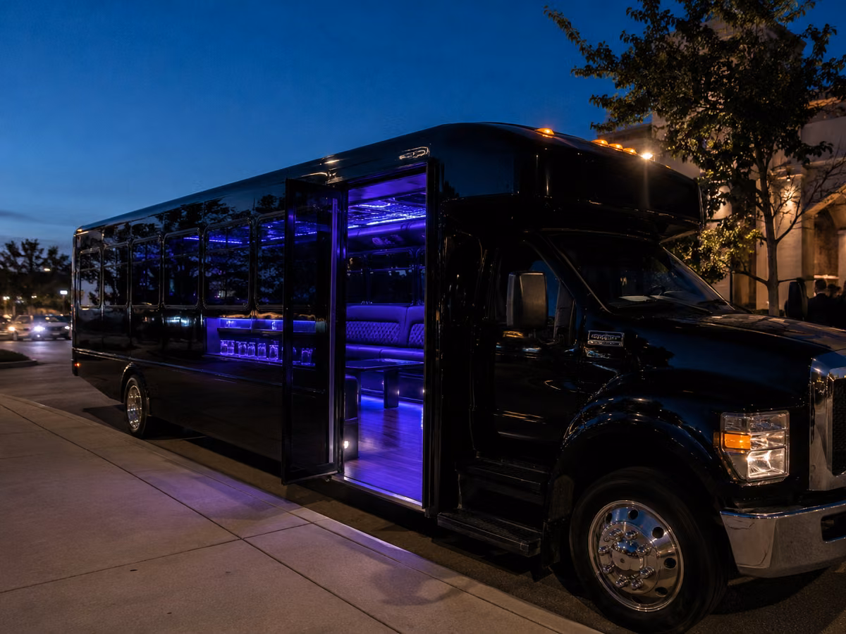 Converted party bus at night with lit entry steps and chrome wheels