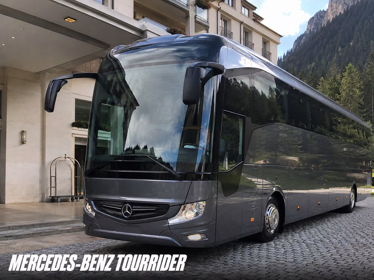 Front of a Mercedes-Benz Tourrider coach showing the three-pointed star badge