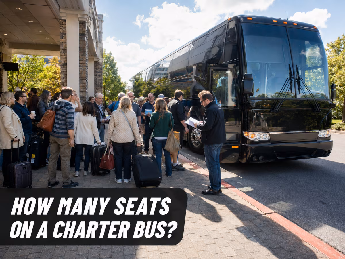 Passengers with luggage lining up to board a dark full-size charter bus at a hotel curb.