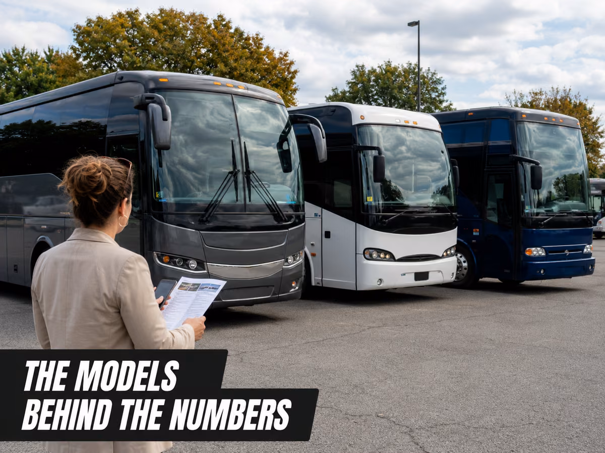 A person holding a clipboard studying a row of three full-size touring coaches in different liveries.