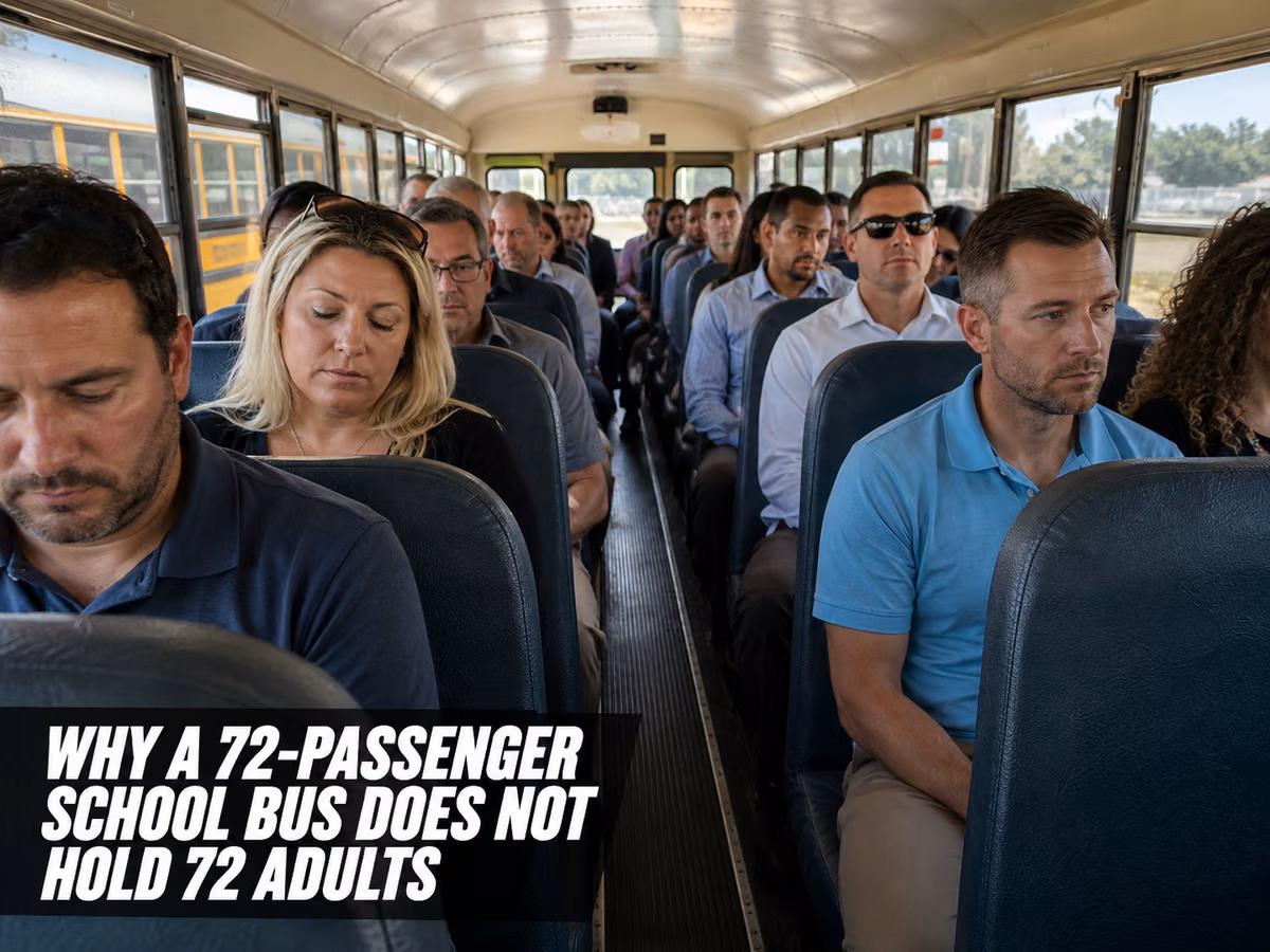 Adults seated on the bench seats inside a yellow school bus interior.