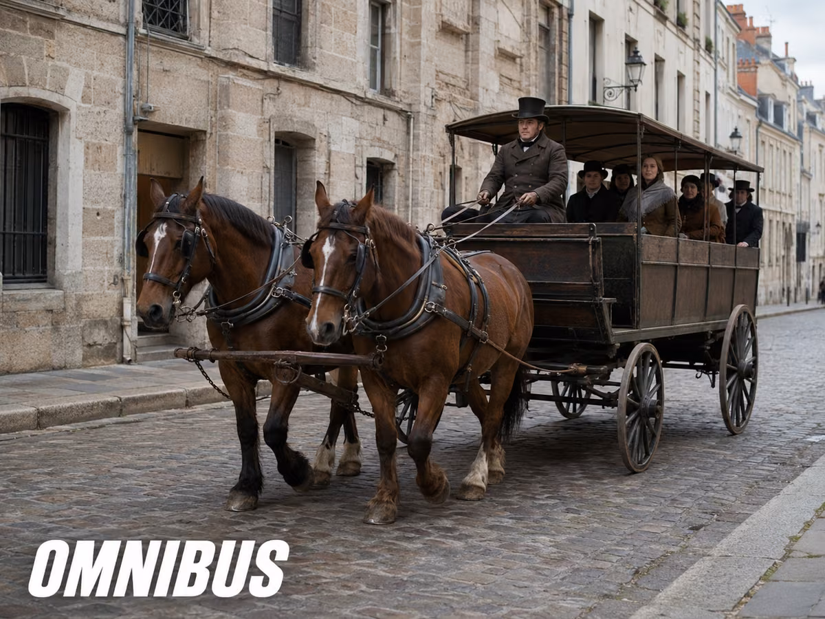 A two-horse omnibus carrying passengers on a cobbled city street