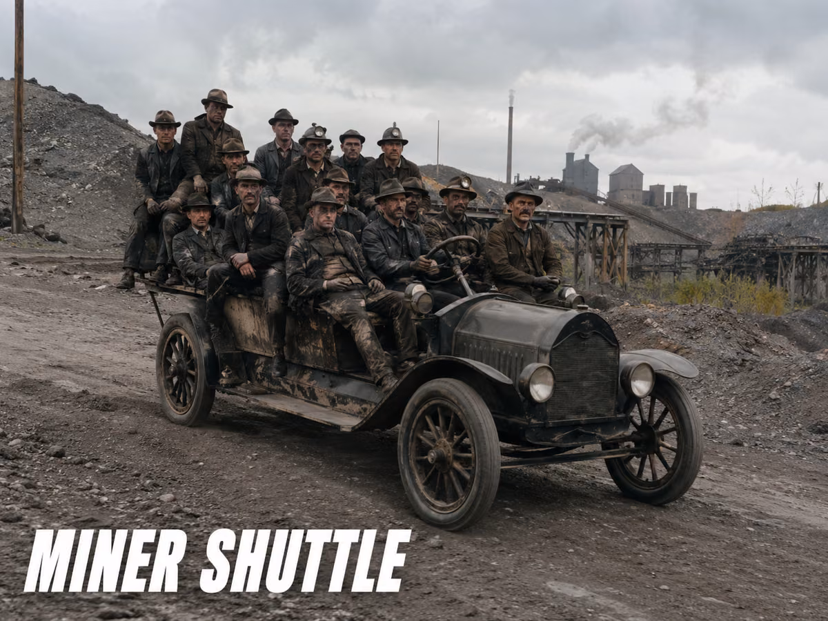 Iron miners in work clothes riding in an early open motor car