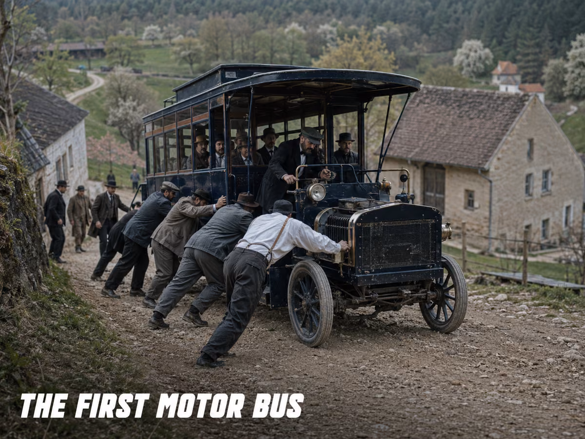 A group of men pushing a stalled early motor bus along a rough road