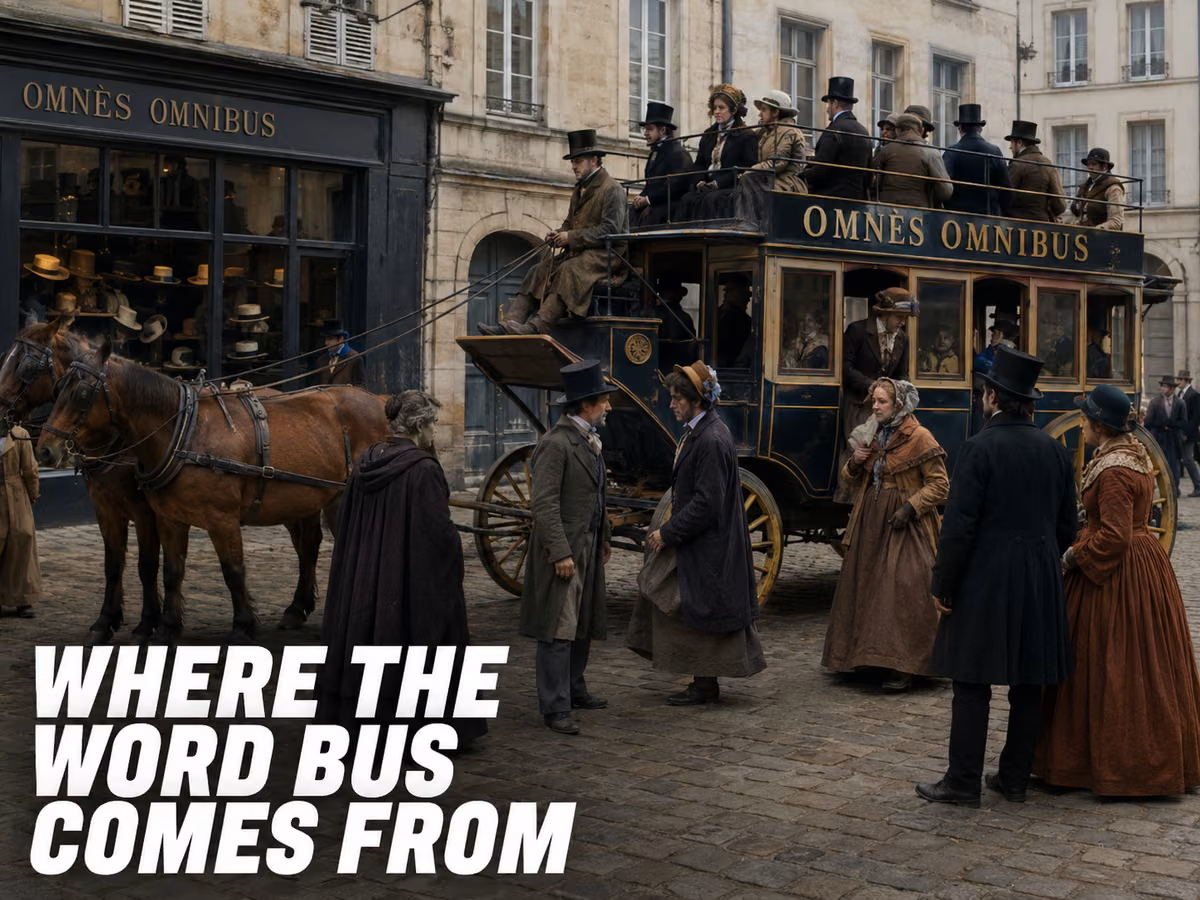 Passengers in period dress boarding a horse-drawn omnibus beneath an Omnes Omnibus storefront sign