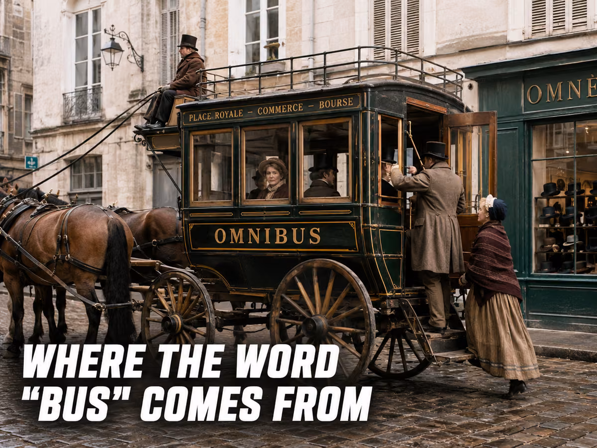 A horse-drawn omnibus stopped outside a storefront reading Omnibus on a cobbled street