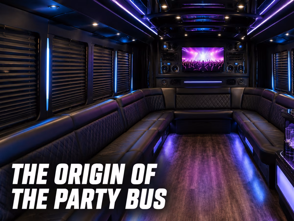 The interior of a party bus with lounge seating and color-changing LED lighting