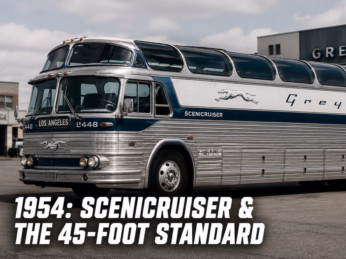 A vintage silver Greyhound Scenicruiser coach with a raised rear deck