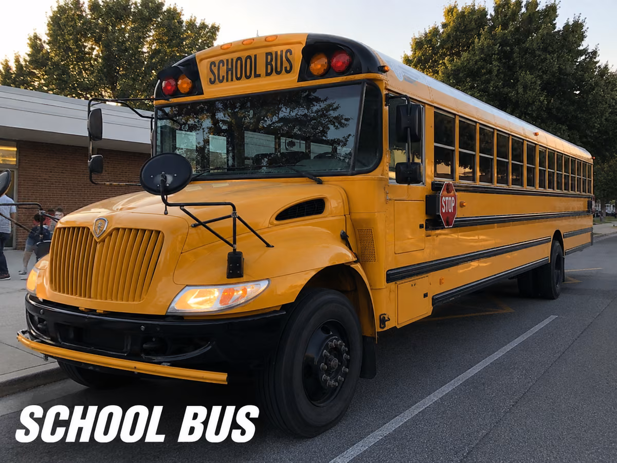 A modern yellow school bus with black lettering on a city street
