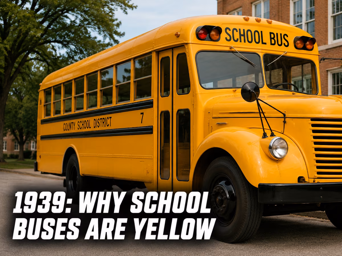 A vintage 1930s-era yellow school bus parked outside a brick school building