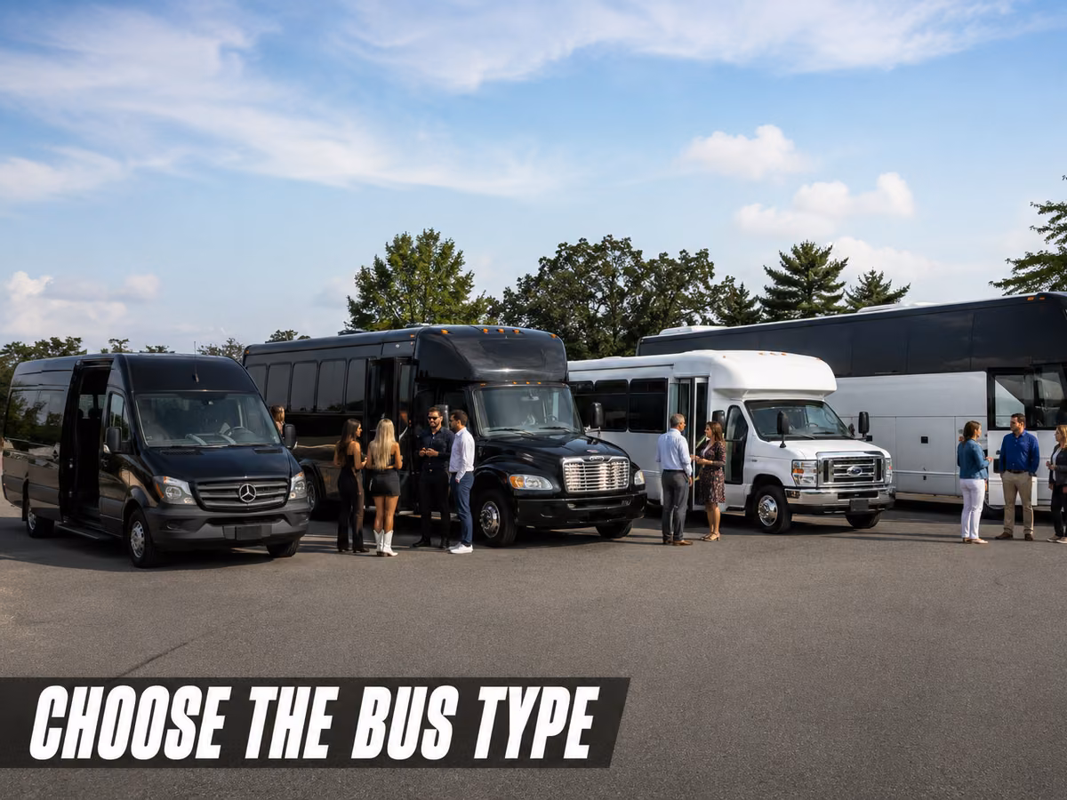 A group of travelers standing beside a lineup of different buses and vans.