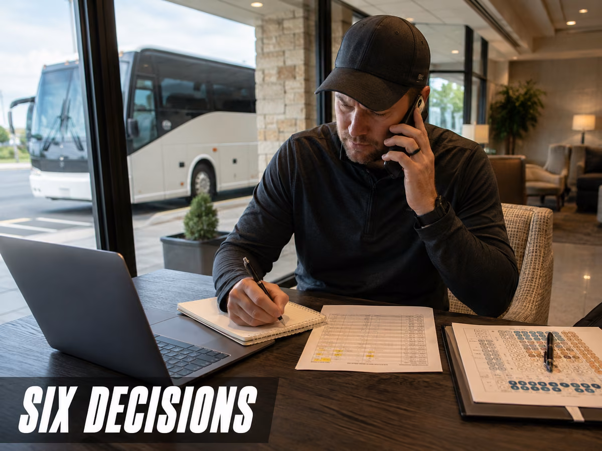 A man reviewing notes at a table with a laptop and phone while planning a group trip.