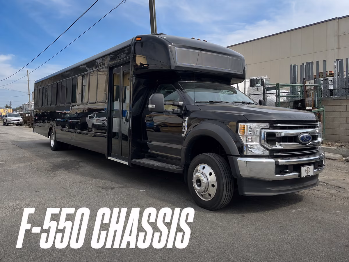 Long black party bus built on a Ford F-550 chassis