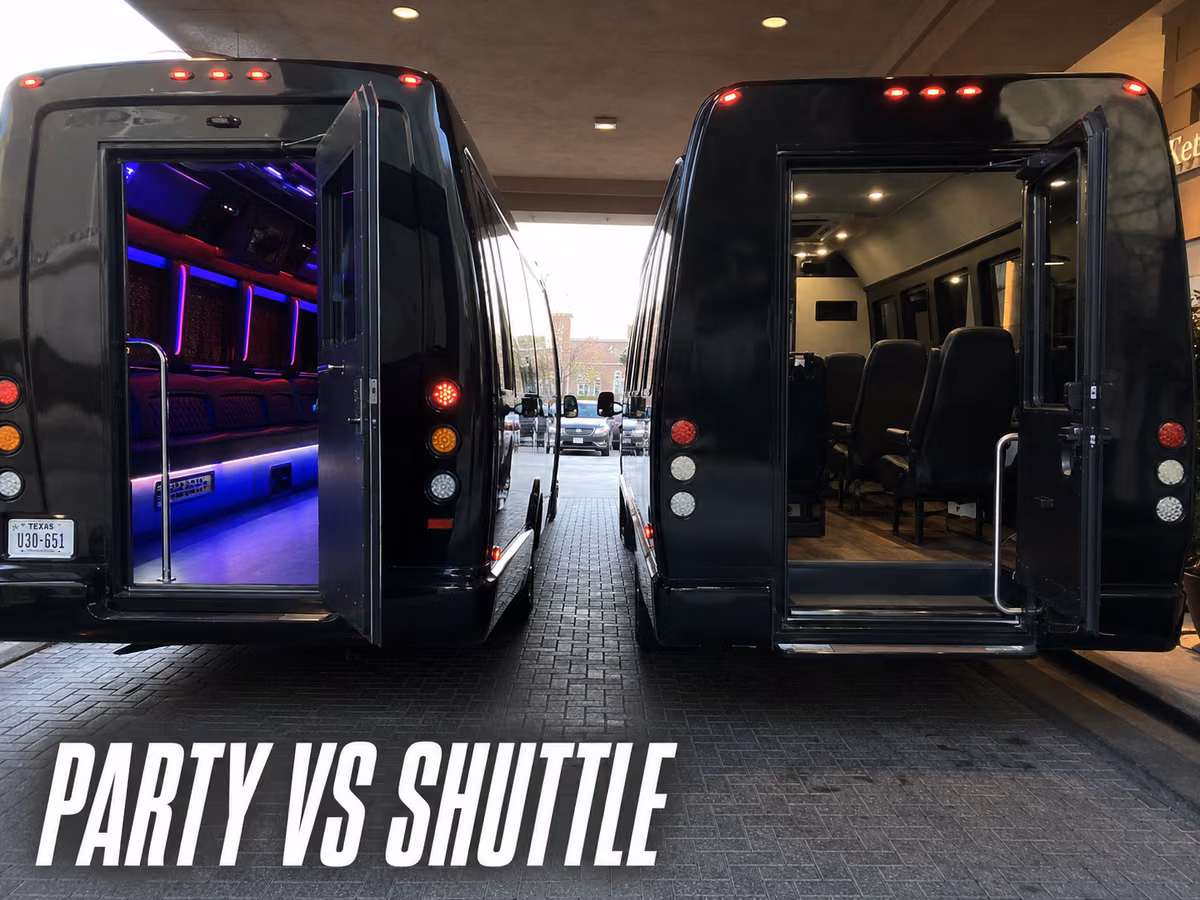 Rear view of two party buses parked side by side with their doors open