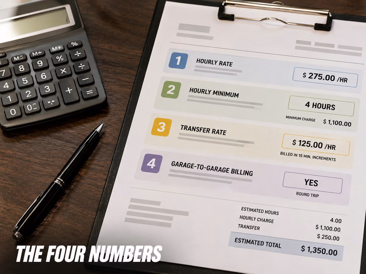 A printed rental quote on a clipboard listing hourly rate, hourly minimum, transfer rate and garage-to-garage billing.