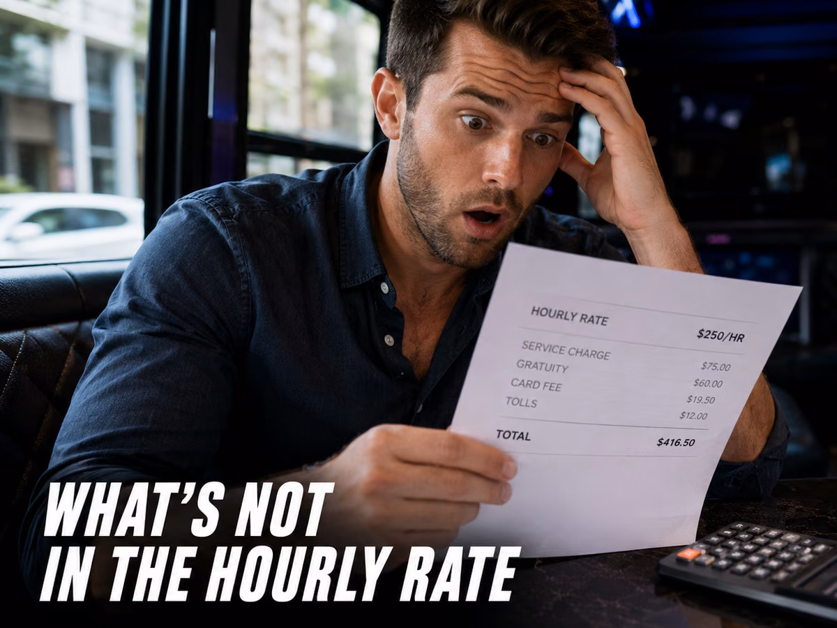 A man inside a party bus looking shocked while reading an itemized bill.