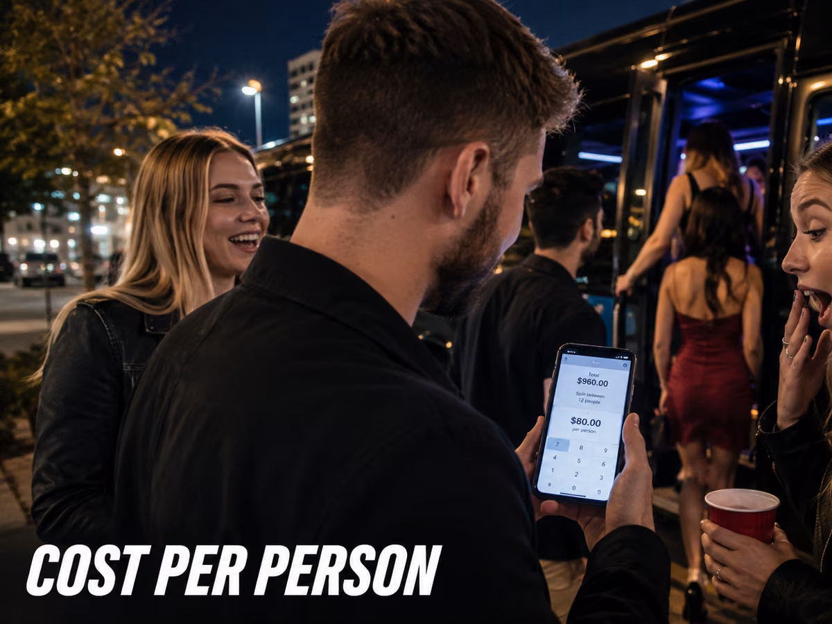 A young couple checking a payment on a phone as friends gather by a party bus.