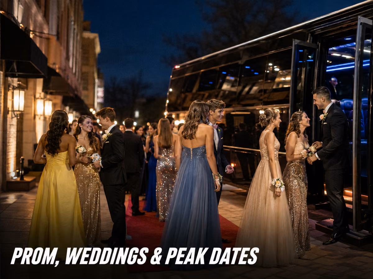Young people in formal gowns and suits boarding a party bus at night.