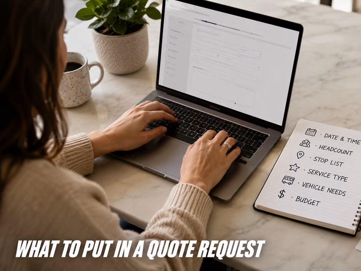 A person typing on a laptop next to a notebook listing date and time, headcount, stop list and budget.