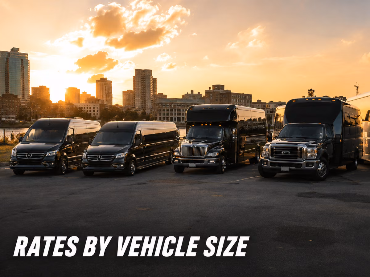 A row of party buses and coaches of increasing size parked in a line at sunset.