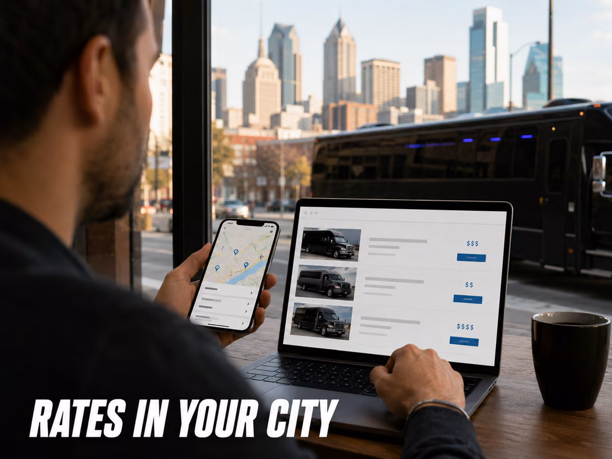 A man comparing party bus listings on a laptop with a city skyline and a black party bus behind him.