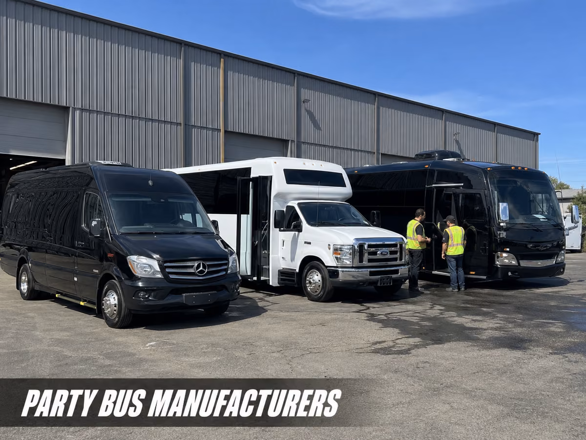 A black Mercedes Sprinter van, a white cutaway minibus and a black cutaway minibus parked outside a warehouse