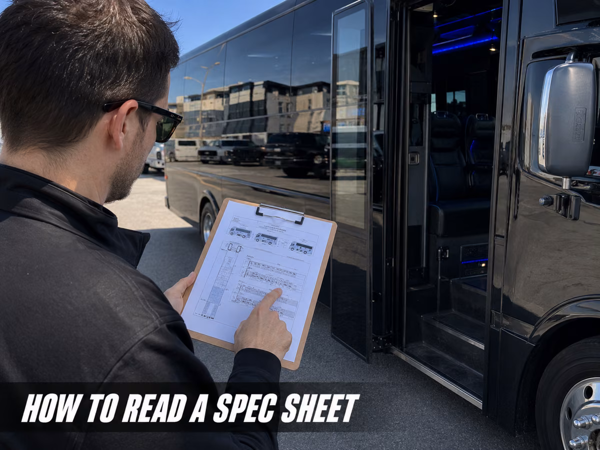 A man wearing glasses reading a spec sheet on a clipboard next to a black bus