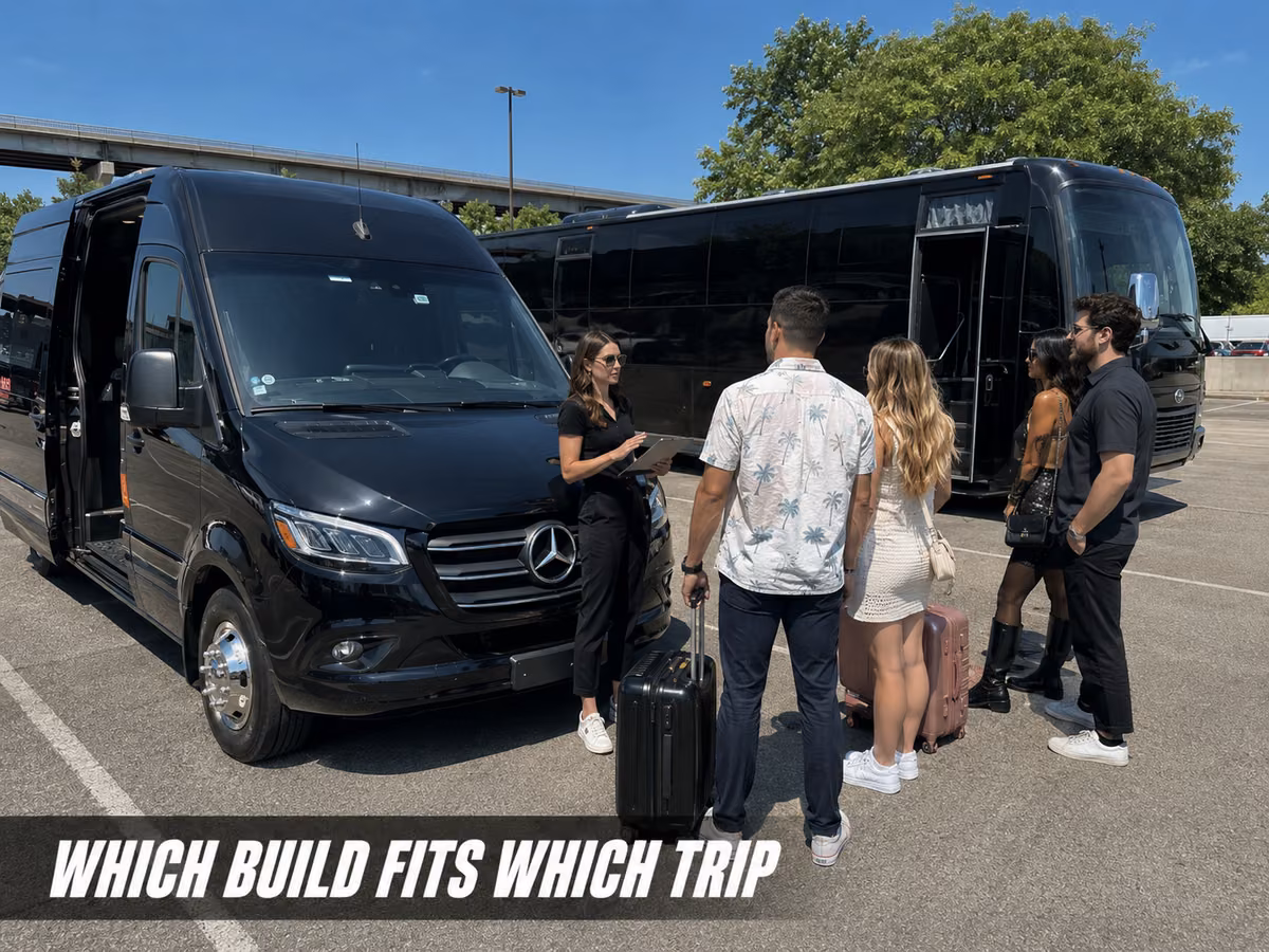 A group of dressed-up young people with rolling suitcases standing beside a black Sprinter van