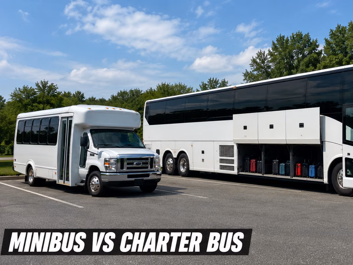 A small white minibus parked beside a large black double-decker charter bus.