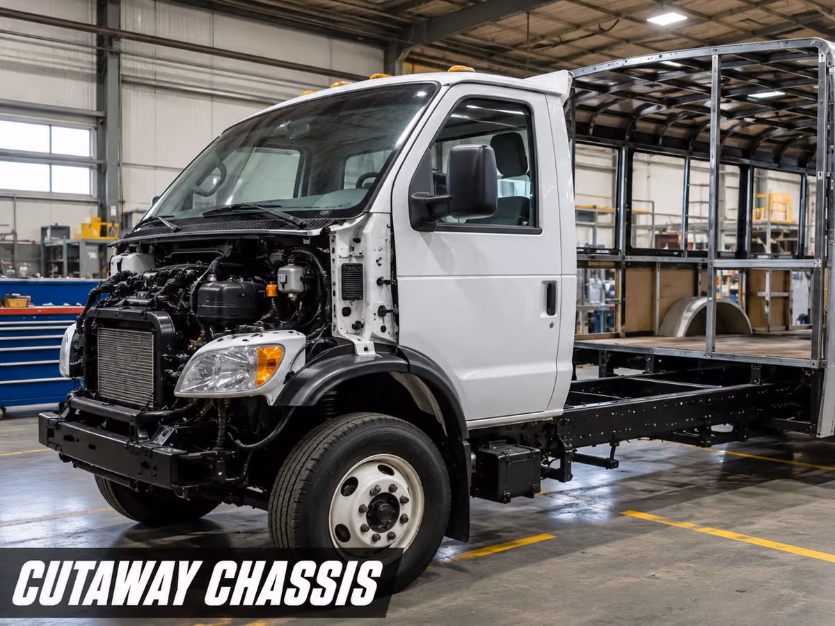 A bare cutaway chassis cab with empty frame rails behind it inside a factory.